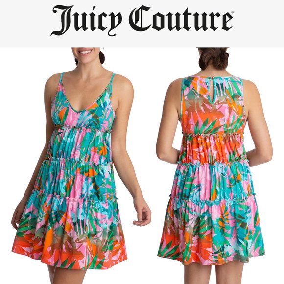 NEW Juicy Couture Tropical Palm Tiered Mini Dress , Size M - Picture 1 of 16